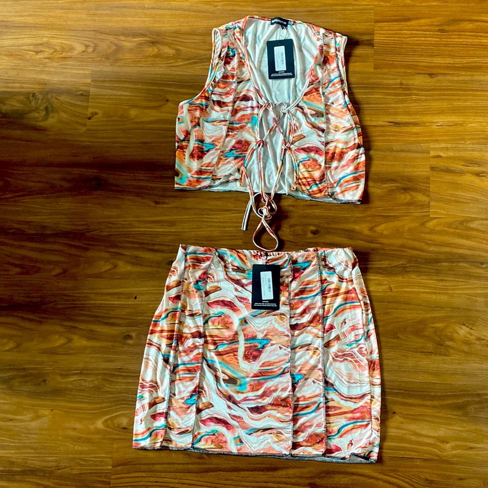 PLT multicolor lace up skirt set